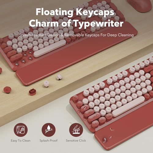Image of Wireless Keyboard and Mouse Combo, Round Keycaps, Full-Size Retro Typewriter Keyboard with Magnetic Wrist Rest, Tilt Legs, 2.4GHz Cordless for Mac, Windows PC, Laptop, SABLUTE CK23, Burgundy Red