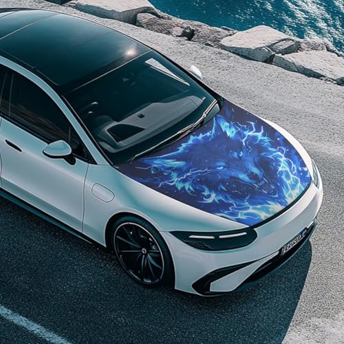 Image of Cool Lightning Wolf Hood Cover for Car SUV Sedan Truck, Waterproof Elastic Polyester Car Hood Protector, Cool Decorations for Automotive Exterior Accessories