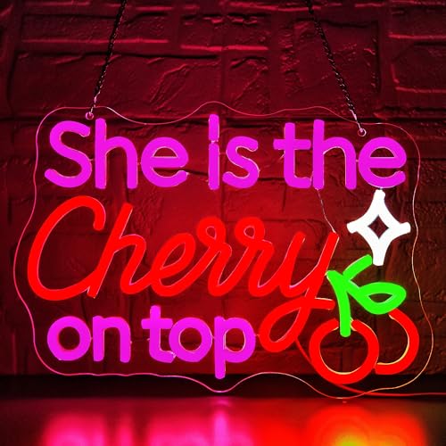 She Is The Cherry On Top Neon Sign for Wall Decor Dimmable Cherry Neon Light for Living Room Light Up Sign for Girl Wedding Party Bedroom Beauty Salon Birthday Gift Art Size 13.7 * 9.7In (WZ