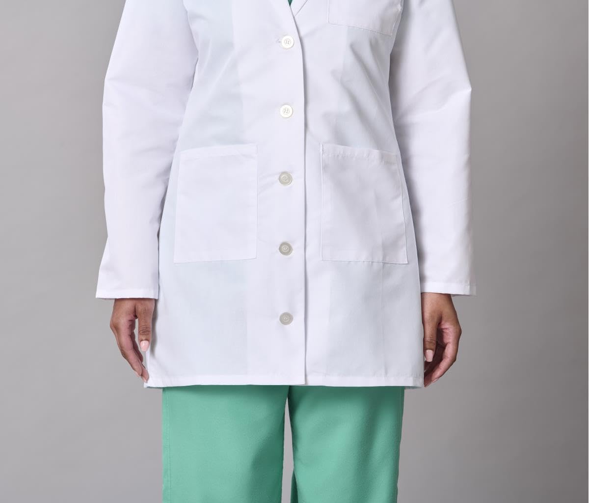 Medline Women's Lab Coat, Staff Length, 5-Button Front with Long Sleeves, 3 Functional Pockets & Reinforced Pen Pocket, Professional Medical Coat for Women, White, Small, 1 Count