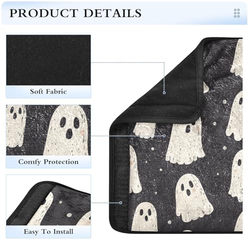 Image of Cute Halloween Ghost Black Seat Belt Cover Pad 2 Pcs Soft Cute Seatbelt Covers Protector Support Head Neck Shoulder Strap for Car Seats High Chair Backpack for Adults Kids Women Men 6.5x6.5In 2