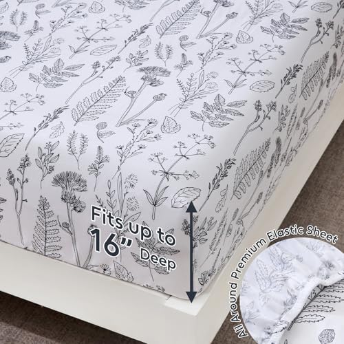 Image of 100% Natural Cotton Percale Sheets Set,King Size 4 PC, Breathable&Durable Hotel Quality Bedding, 16 inch Deep Pocket Botanical Floral Bedsheets,White