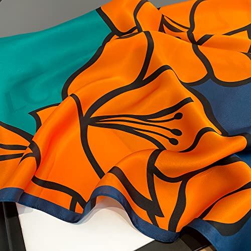 100% Pure Mulberry Silk Scarfs 26"x26" Square Scarf Women Neckerchief Headscarf hair scarf bandana Gift Packed (Orange+Blue)2