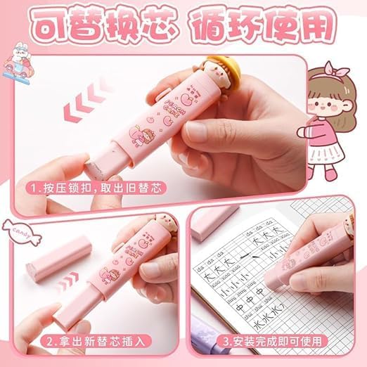Image of Kawaii Pencil Pouch 3 Compartment Cute Pencil Poucha,Large Capacity for Cute Pencil Cases Erasers Free for Pencil Pouch Pencil for Kids (Erasers+Pink)