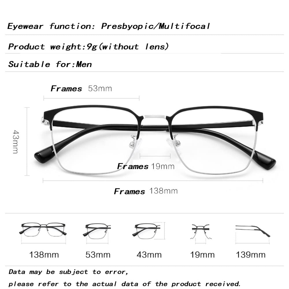 Gafas De Lectura Progresivas Multifoco，Fotocrómico Lentes De Lectura Hombres，Gafas De Lectura Rectangular Oro Negro +1.5 (Color : Black Silver, Size : +2.0)