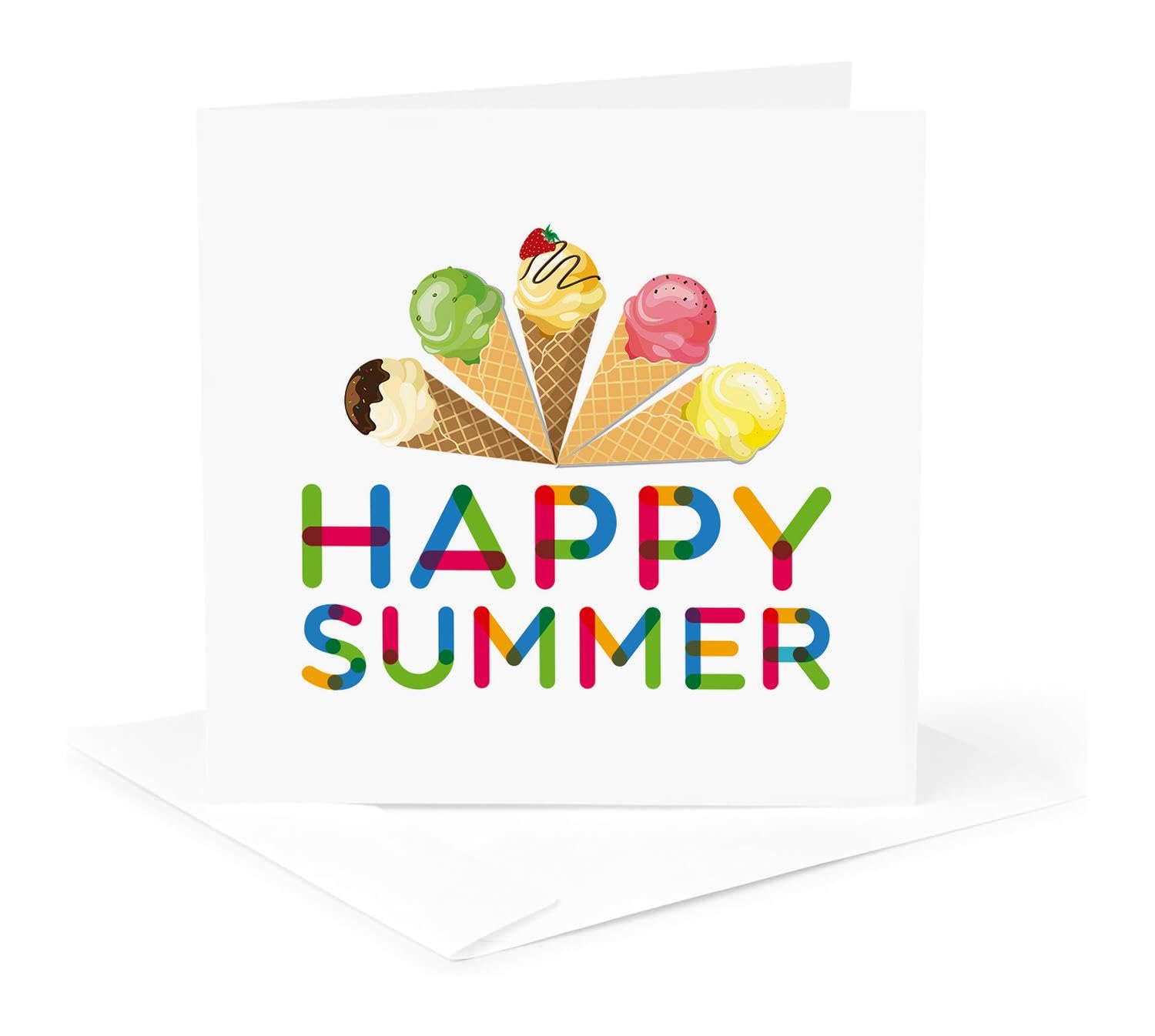 Greeting Card - Happy Summer colorful text and a crown of five yummy ice cream treats - Alexis Design - Ice Cream