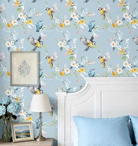 Livelynine 17,5 x 276 papel de parede floral de pássaro azul claro ouro branco flor voando pássaro do paraíso papel de parede pré-colado para banheiro crianças cozinha papel de contato autoadesivo