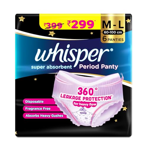 CONFETTIWOW Whisper Bindazzz Night Period Panty|6 M-L Panties|upto 0% Leaks|360 degree leakage protection|Full back coverage|Suitable for Heavy Flow|Flex fit|Soft & comfortable|With disposable wrap