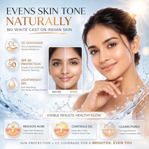 Image of Deglora UVIR CC+ Colour Correction Sunscreen with Instant Glow SPF 50 PA++++ | Tinted Sunscreen Gel for Face | Zinc Oxide, Ceramide & Polyglutamic Acid | Oil-Free Matte Finish, No White Cast | Broad Spectrum UVA /UVB Protection | 50 g