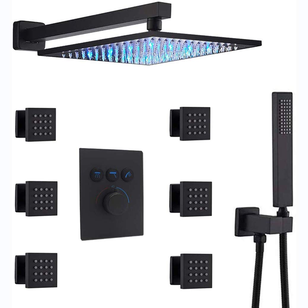 Sistema de ducha termostático de latón negro mate para montaje en pared, sistema combinado de cabezal de lluvia LED de 10 a 12 pulgadas con chorros corporales y ducha de mano, juego de baño de 12 pul