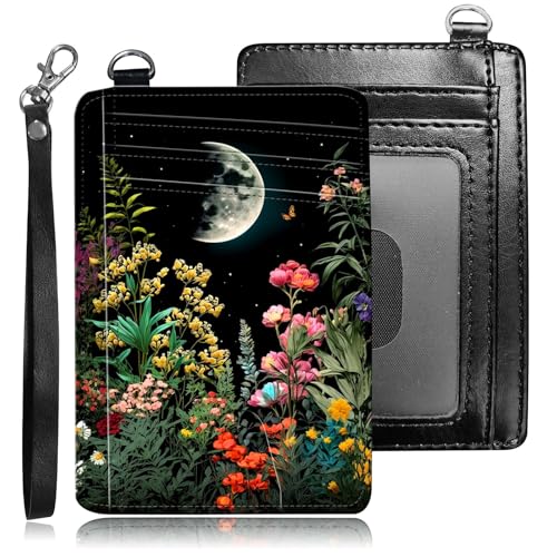 BREIDMKFM Credit Card Holder Slim Wallet,RFID Wallet Women Front Pocket Small Card Holder Travel Cute Thin Minimalist Card Case Leather Flat Wallet with ID Window&Wrist Strap,Plant Floral Moon