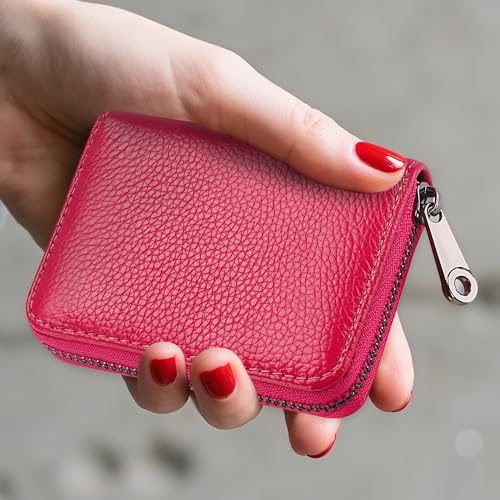 Red RFID credit card holder for women, 20-slot leather wallet card case with zip closure