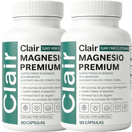 Clair Magnesio Premium Clair Magnesium Glycinate 4 Types of Magnesium Suplemento de alta absorcin Ingredientes sin OGM Sin Gluten ni SOJA Apto para veganos 90 CAPSULAS (2pc)