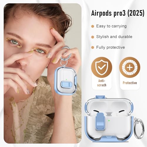 Image of Compatible Airpods Pro 3 Case (2025) with Phone Stand & Cleaner Kit,Print Soft Silicone Lock Clip Apple AirPods Pro 3rd Generation Case, Airpod Pro 3 Cover with Keychain for Women /Girls,Light Blue