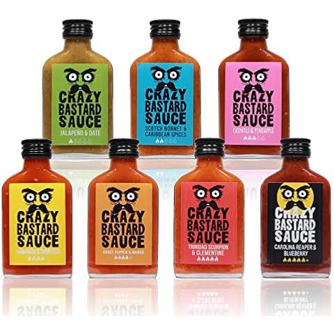 Crazy B Sauce - 7er Bundle mild bis extreme scharfe Chilisauce (7 x 100ml Flasche) - Geschenkset für Griller und Chili-Fans Cover
