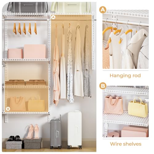 Wire Closet Organizer System, Wall Mounted 6.5 Ft. Custom Closet Kit for Bedrooms, Adjustable Storage Shelves for Clothes, Shoes, and Handbags - Image 6