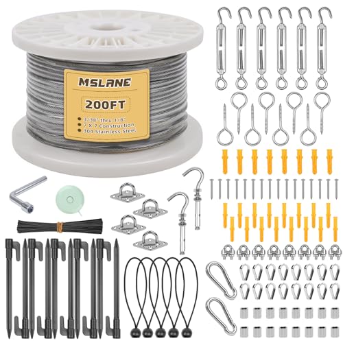 1/8" Wire Rope Kit 200FT Aircraft Cable Vinyl Coated 304 Stainless Steel Wire,7x7 Strand Cable Kit for Outdoor String Lights,Climbing Plants,Pictures,Clothes,Curtain Hanging