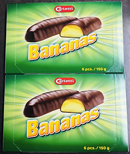 Carletti Chocolate Covered Foam Marshmallow Bananas - 2 x 6 Piece Gift Pack - 12 Bananas in Total