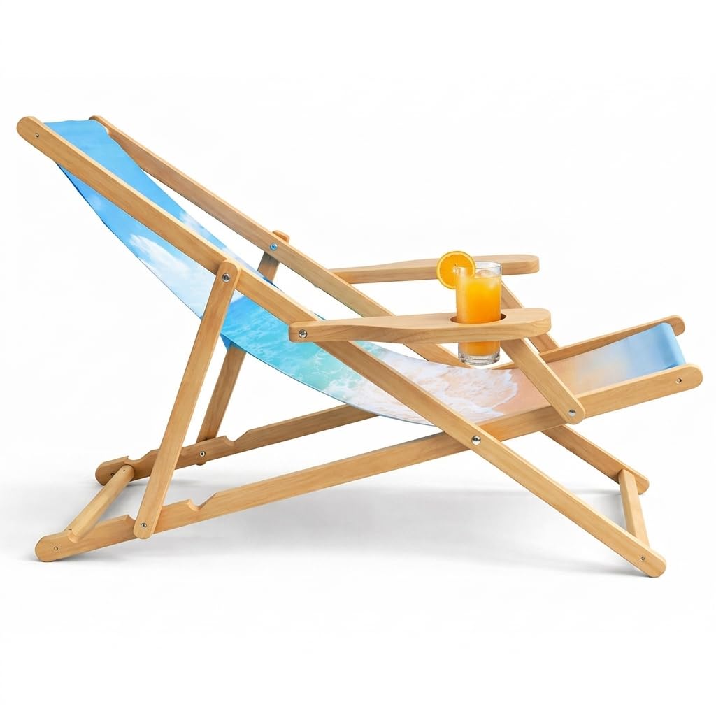 Ferocity Holz-Liegestuhl Klappbar Klappliegestuhl mit Armlehne und Getränkehalter Strandstuhl Motiv Bedrucken Weiß Dein Photo Logo [119]