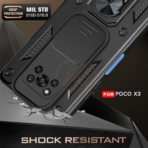 Image of Armor Bumper Back Cover Case for Poco X3 Rotating Camera Cover, Ring Holder & Kickstand | Heavy Duty & 360 Degree Protection Poco X3 Back Cover (Black)