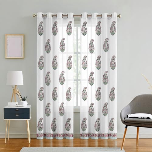 Image of LINENWALAS Printed Decorative Cotton Sheer Curtains 5 Feet Long Set of 2 Panel, Grommet Hanging, Paisley Bloom Curtains for Children Room, Living Room, Home Decor (L-8 x W-4.5 Feet)