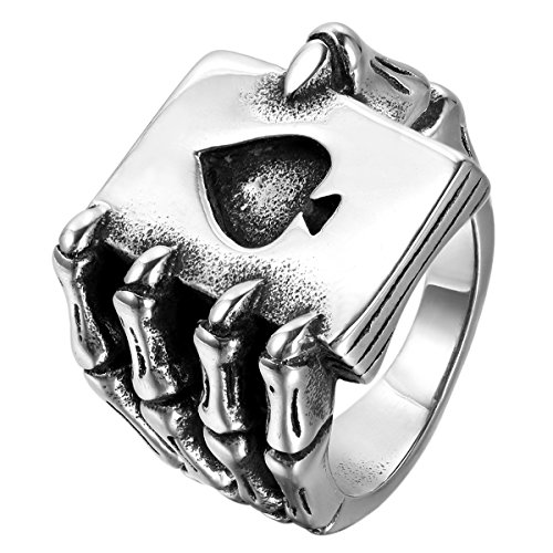 JewelryWe Schmuck Herren-Ring, Edelstahl, Gotik Schädel Klaue Poker Karte, Schwarz Silber - Größe 57