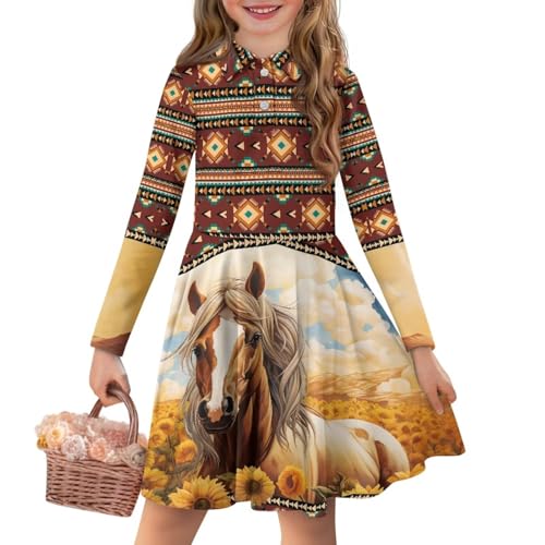 Dress for Girls 3-14T Turn Over Collar Casual Vacation Long Dressese Sundress Beach Flowy Dress Party Uniform