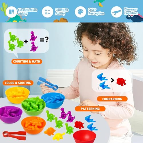 Image of Counting Dinosaurs Game Color Sorting Toys with Bowls Montessori STEM Sensory Training Early Educational Preschool Learning Toy Gift for Toddlers Kids Ages 3 4 5 6 (Dinosaurs)