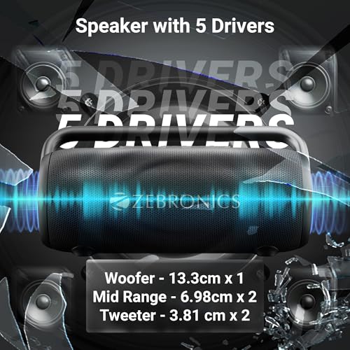Image of ZEBRONICS AXON 200 Portable Party Bluetooth Speaker, 180W RMS, 5 Drivers + 2 Passive Radiators, Z-Sync Mode, IPX6, Upto 10 Hours Playback, Rapid Charging, BT | USB | AUX, Fabric Finish, RGB, Deep Bass