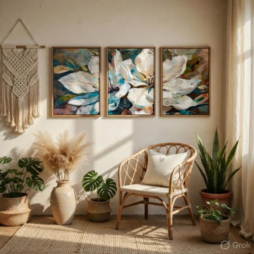 Image of Livin'luxe Abstract Floral Wall Painting Set of 3 with Wooden Frames | Modern White Flower Artwork HD Sparkle Laminated MDF Wall Decor | Contemporary Floral Wall Art for Living Room Bedroom