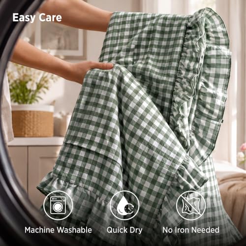 Image of Bedsure Gingham Ruffle Duvet Cover Set, Queen, Cotton-Like Bed, Olive Green
