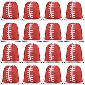 16 Pack Soccer Party Favors, Baseball Gum Basketball Softball Drawstring Team Gifts Bags Treat Candy Goodie Bags, Sports Themed Birthday Party Decorations Supplies, 12 x 10 Inch (Brick Red, Football)