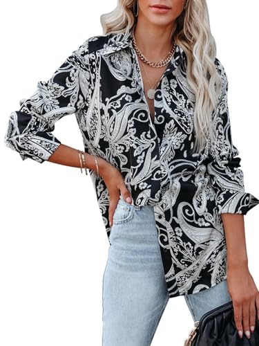Blouses for Women Aesthetic Button Down Shirts Long Sleeve Dressy Casual Floral Tops Fall Outfits for Women 2025 Trendy - Black White Floral XXL