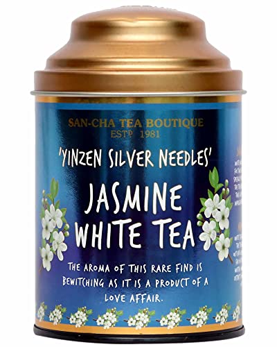Image of Sancha Tea Boutique, Jasmine White Tea, 75g Loose Leaf, Imported Chinese Silver Needle White Tea Infused with Night-Blooming Jasmine Flowers, Premium Floral Herbal Blend