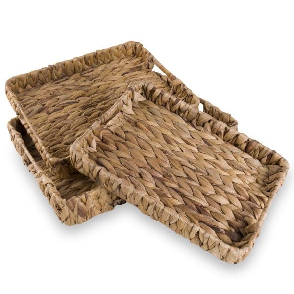 Eden & Willow E&W Rectangle Water Hyacinth, Decorative Natural Hand-Woven Seagrass Serving Tray with Handles (Set of 3)
