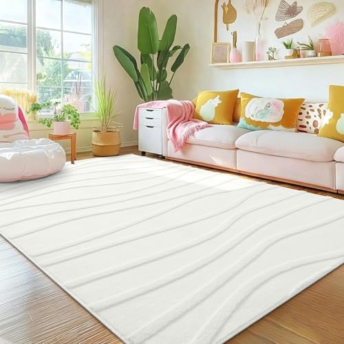 Homaxy Teppich Wohnzimmer 240x340cm, rutschfest und Waschbar, Weiches Plüsch Wellenmuster Teppiche, Moderner Kurzer Flor, Kinder- und Haustierfreundlich für Schlafzimmer, Creme