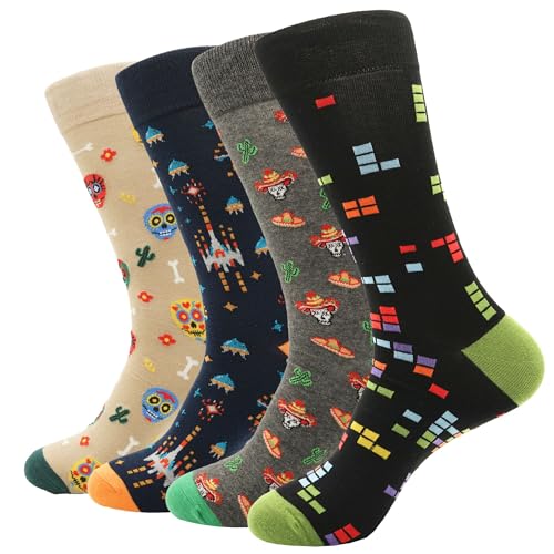 PETIBU 4 Pares Calcetines Hombre Divertidos Algodón, Regalos Originales Hombre Retro (FR/ES, Números, 40, 46, 4x Combinado 1)