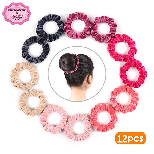 Nymph Velvet Scrunchies Hair Bobble Elastic Hair Tie Hair Band Ponytail Holder for Girls and Women Suitable for All Types 6colors,2pcs/Color,Pack of 12-light color