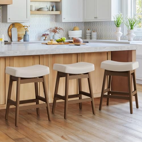 Cozyman Bar Stools Set of 3 Barstools with Sturdy Wood Legs Saddle Seat Counter Height Bar Stools for Kitchen Counter Bar Dining 24 Inch Farmhouse Counter Stools Antique White Leather