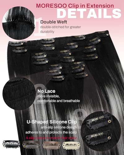 Image of Moresoo Black to Silver Clip in Hair Extensions 18in 135g for Thick Hair | Remy human hair clip in extensions, black mixed with silver grey, 135g 7pcs, double weft for bold highlighted looks