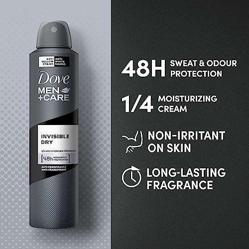 Image of Dove Men+Care Invisible Dry Spray Antiperspirant Deodorant, Up To 48 hrs Protection From Sweat & Odour, Instantly Dry for Cleaner Feel & Leaves No White Marks or Stain, Soothes & Moisturises Skin, Warm, Oriental Scent, 250ml (Pack of 3)