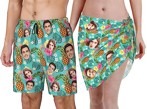 Custom Hawaiian Couples Matching Men Swim Trunk | Women Beach Sarong, Personalized with Face Funny Summer Gifts