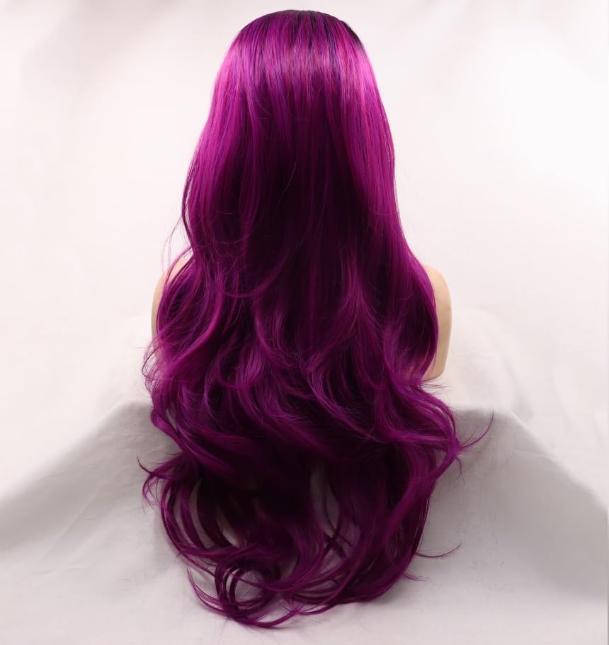Xiweiya Long Purple Lace Front Wig Dark Roots Piano Color Highlight Purple Hair Middle Part Synthetic 4x1U Part Lace Full Wigs Natural Hairline Heat Resistant Hair 150% Density Wig for Women 26Inch - Image 4