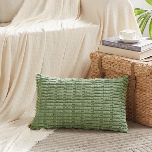 Fancy Homi Pack of 2 Sage Green Lumbar Decorative Throw Pillow Covers 12x20 Inch for Living Room Couch Bedroom Soft Corduroy Rectangle Solid Cushion Case 30x50 cm - Image 2