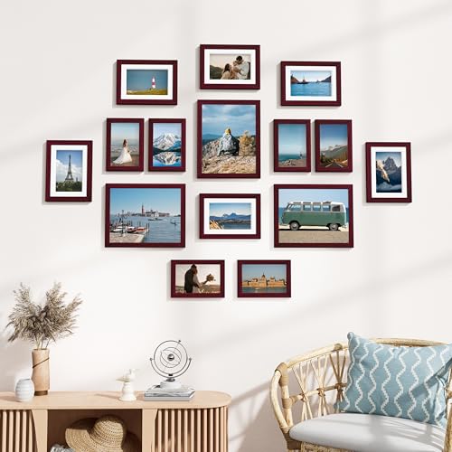 Image of Vittanly 15 Pack Picture Frames Collage Wall Decor for Mounting or Tabletop Display, Gallery Frame Set for Family, Multi Sizes Including 3pcs 8x10, 6pcs 5x7, 6pcs 4x6, Cherry Red