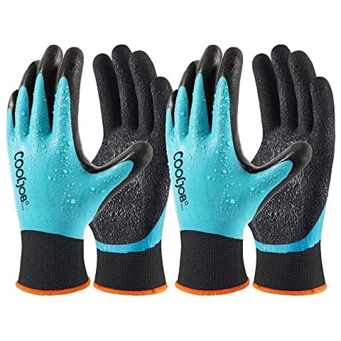 COOLJOB Waterproof Gardening Work Gloves Gifts for Women & Men, Double Rubber Coated Non-slip Working Gloves Bulk for Garden Yard Gardener Outdoor Construction Worker, Unisex Blue Large Size 2 Pairs Cover