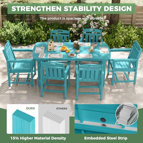 Image of HDPE Outdoor Dining Set, Patio Table and Chairs Set, All-Weather 7-Piece Outside Table and 6 Chairs, 2 inch Umbrella Hole, Outdoor Furniture for Garden, Poolside, Backyard, Deck | Lake Blue