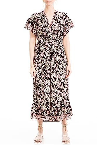 Max Studio Women's Flutter Sleeve Front Twist Midi Dress, Black/Plum Nigella Blooms