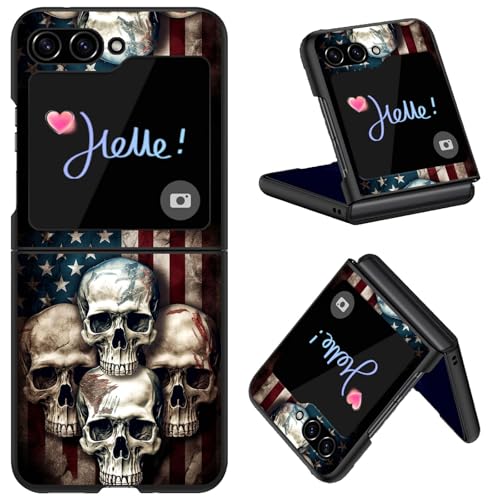 Qindaiwen for Samsung Galaxy Z Flip 5 Case, Hard PC Shell Ultra Thin Slim Durable Protective Phone Case Cover for Samsung Galaxy Z Flip 5 5G, Flag Skulls