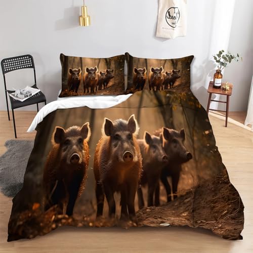 FamHarbor Wild Boar A3011 - Juego de funda de edredón tamaño Queen con 2 fundas de almohada, microfibra suave, diseño de animales salvajes en 3D, color amarillo y negro